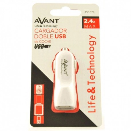 CARGADOR RAPIDO USB BLANCO COCHE 2 PUERTOS 2.4A AVANT